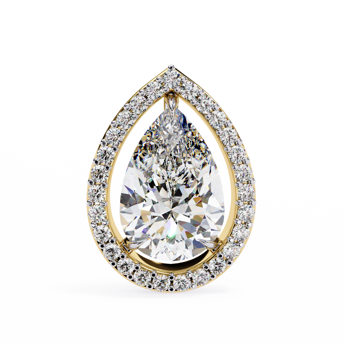 Yellow Gold Pear Cut Diamond Open Halo Stud Earring