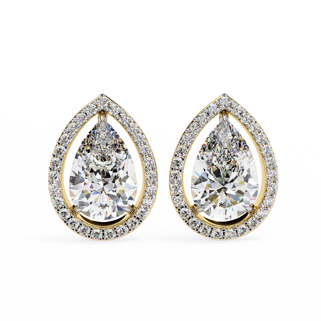 Yellow Gold Pear Cut Diamond Open Halo Stud Earring
