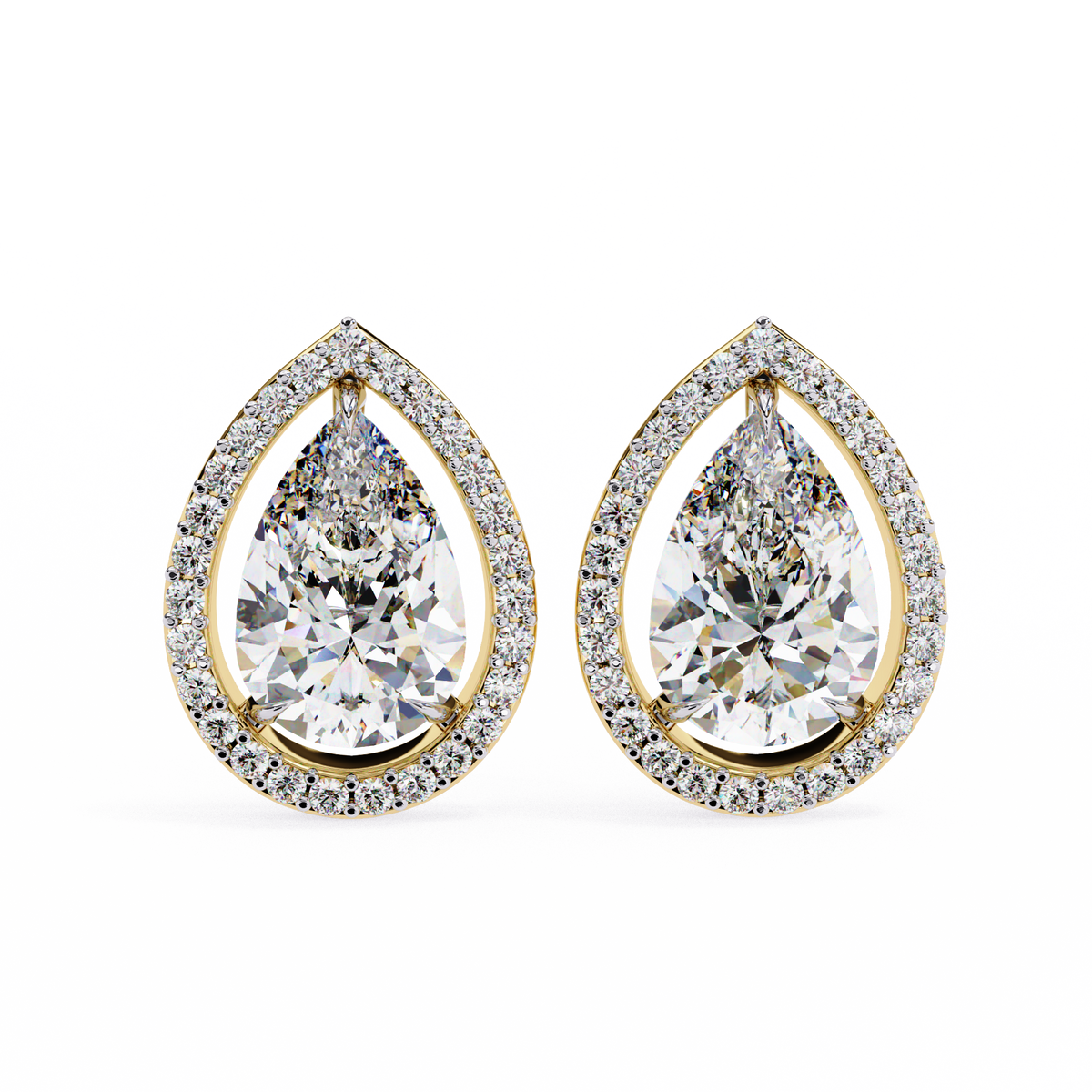 Yellow Gold Pear Cut Diamond Open Halo Stud Earring