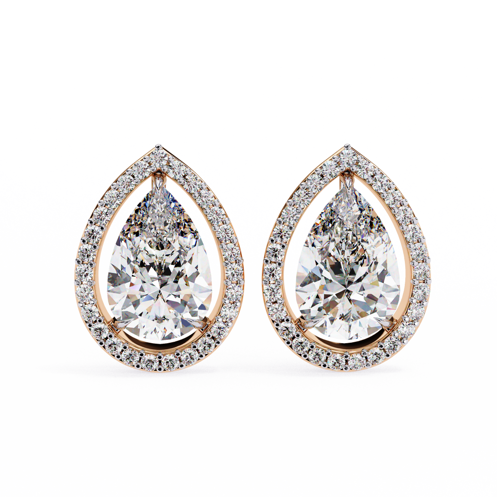 Rose Gold Pear Cut Diamond Open Halo Stud Earrings