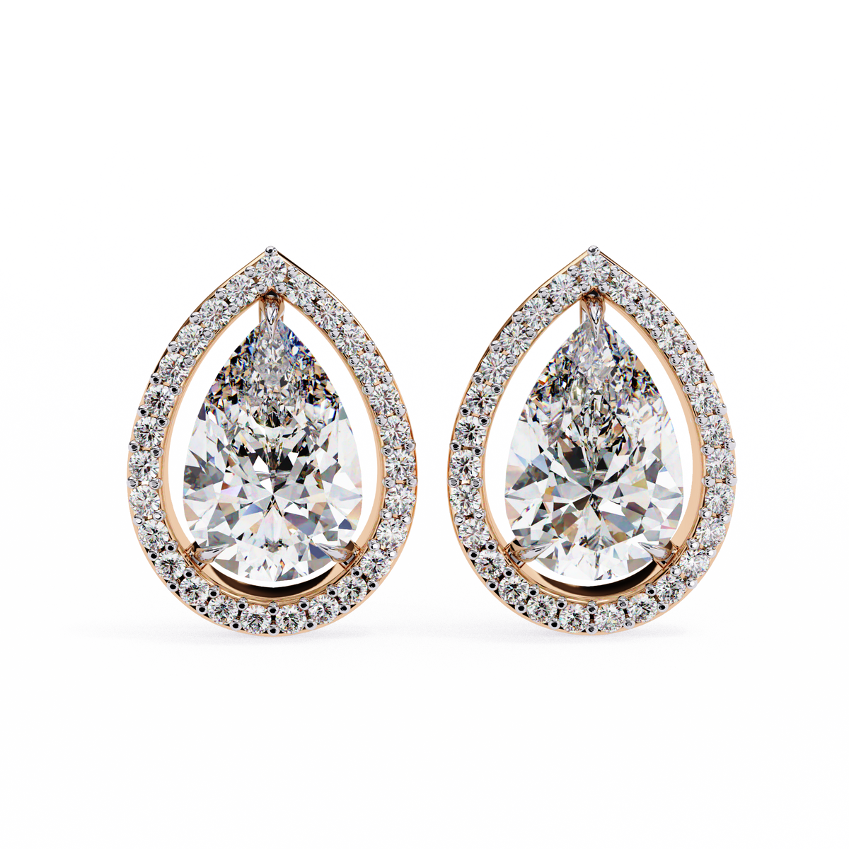 Rose Gold Pear Cut Diamond Open Halo Stud Earrings