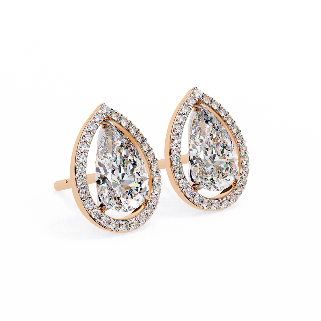 Rose Gold Pear Cut Diamond Open Halo Stud Earrings