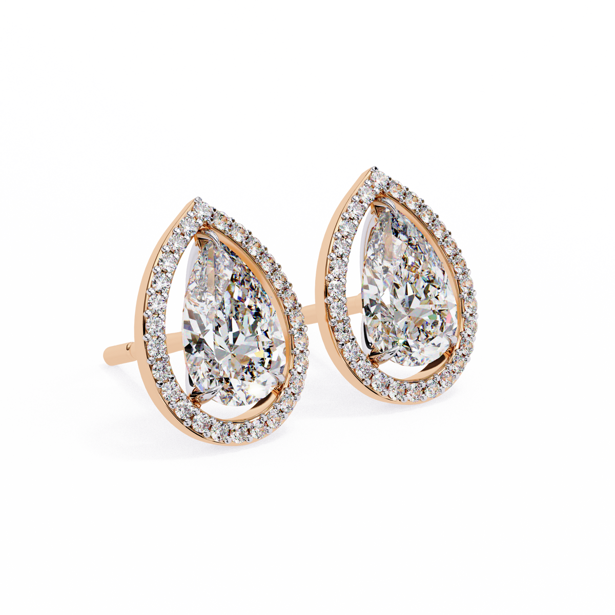 Rose Gold Pear Cut Diamond Open Halo Stud Earrings