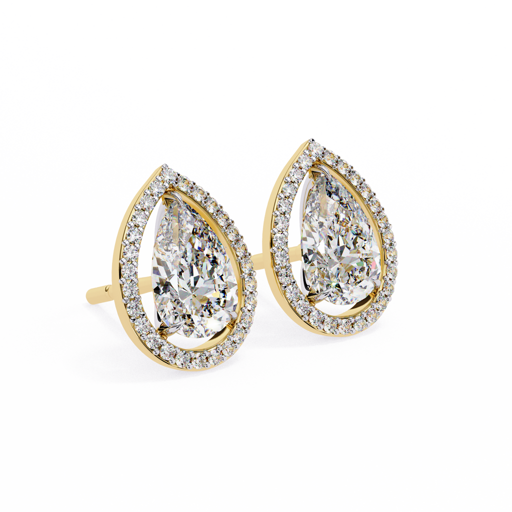 Yellow Gold Pear Cut Diamond Open Halo Stud Earring