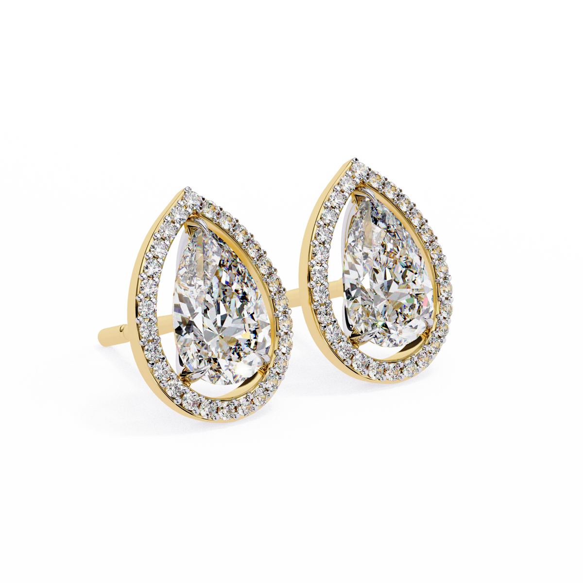 Yellow Gold Pear Cut Diamond Open Halo Stud Earring