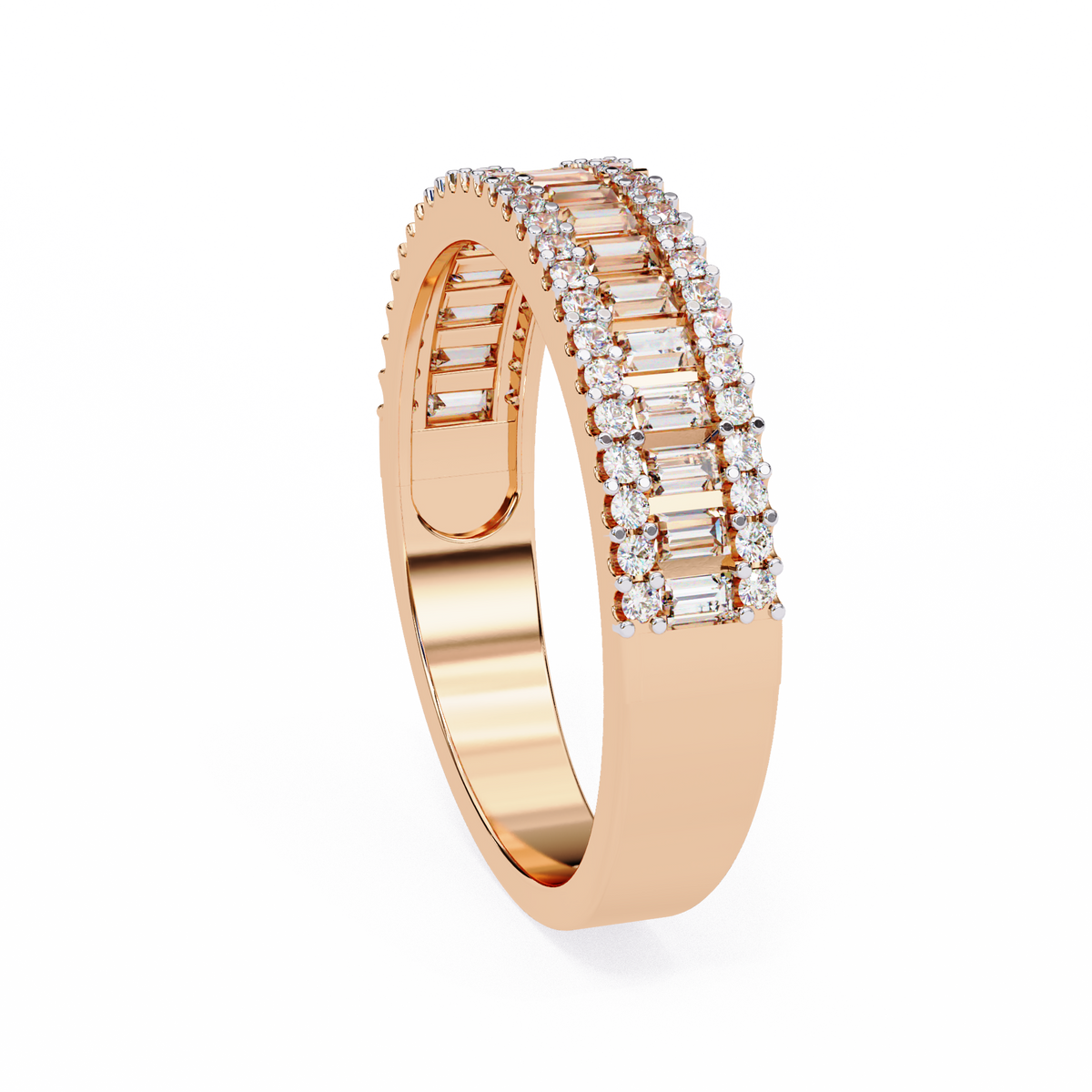 Rose Gold Baguette & Round Diamond Three-Row Half Eternity Band Ring