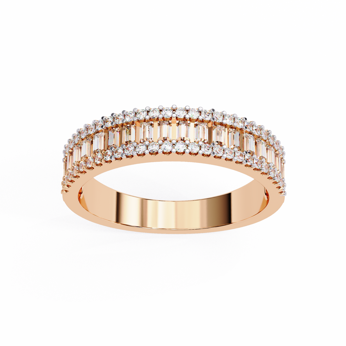 Rose Gold Baguette & Round Diamond Three-Row Half Eternity Band Ring