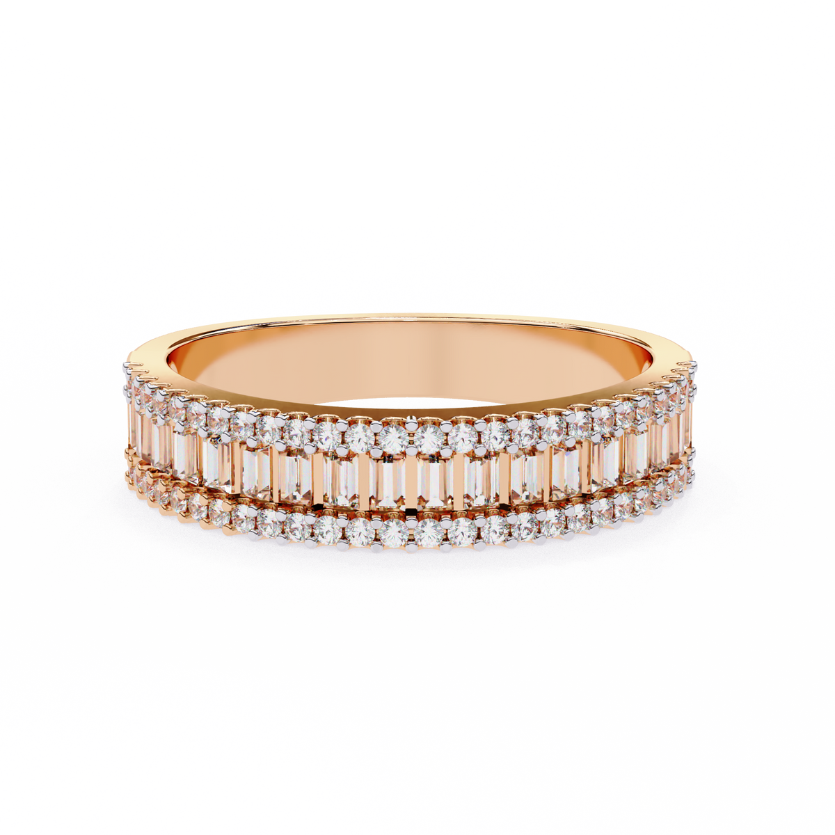 Rose Gold Baguette & Round Diamond Three-Row Half Eternity Band Ring
