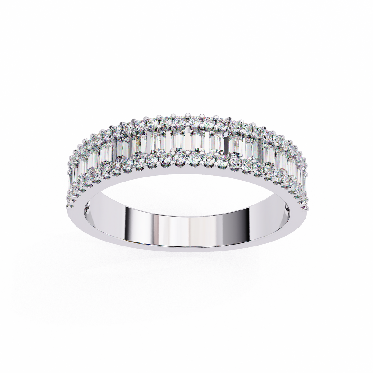 White Gold Baguette & Round Diamond Three-Row Half Eternity Band Ring