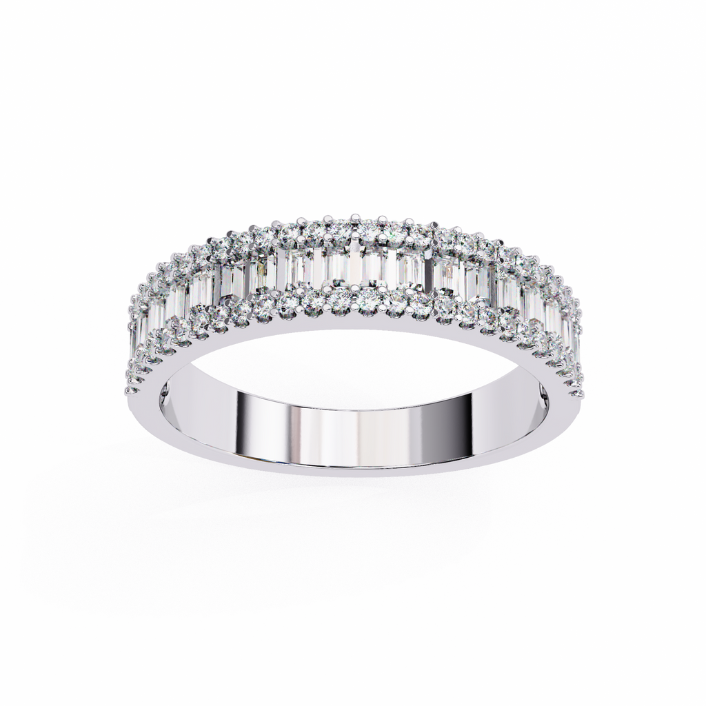 White Gold Baguette & Round Diamond Three-Row Half Eternity Band Ring