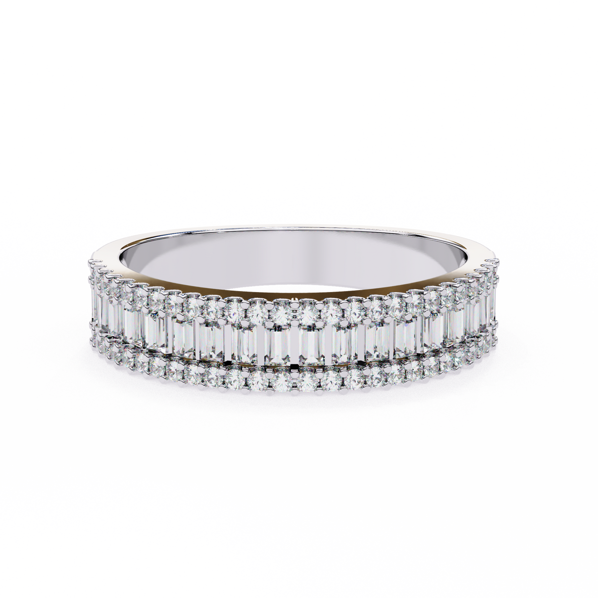 White Gold Baguette & Round Diamond Three-Row Half Eternity Band Ring