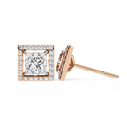 Rose Gold Princess Cut Diamond Square Halo Stud Earrings