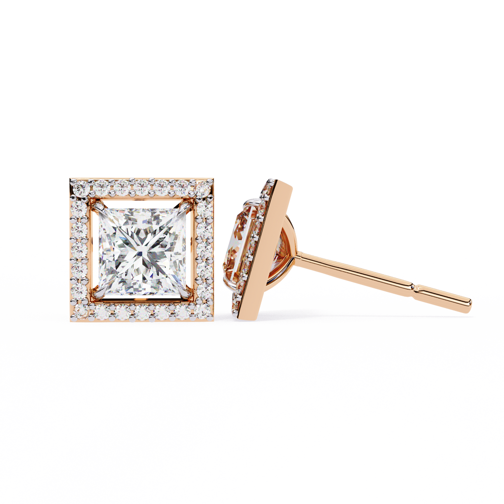 Rose Gold Princess Cut Diamond Square Halo Stud Earrings
