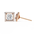 Rose Gold Princess Cut Diamond Square Halo Stud Earrings