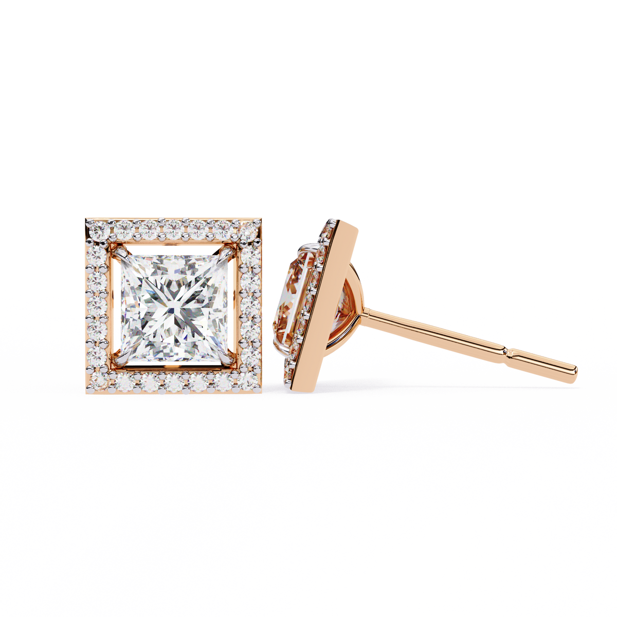 Rose Gold Princess Cut Diamond Square Halo Stud Earrings
