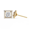 Yellow Gold Princess Cut Diamond Square Halo Stud Earring