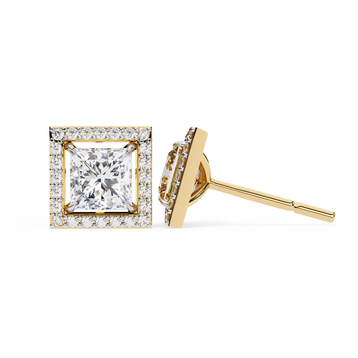 Yellow Gold Princess Cut Diamond Square Halo Stud Earring