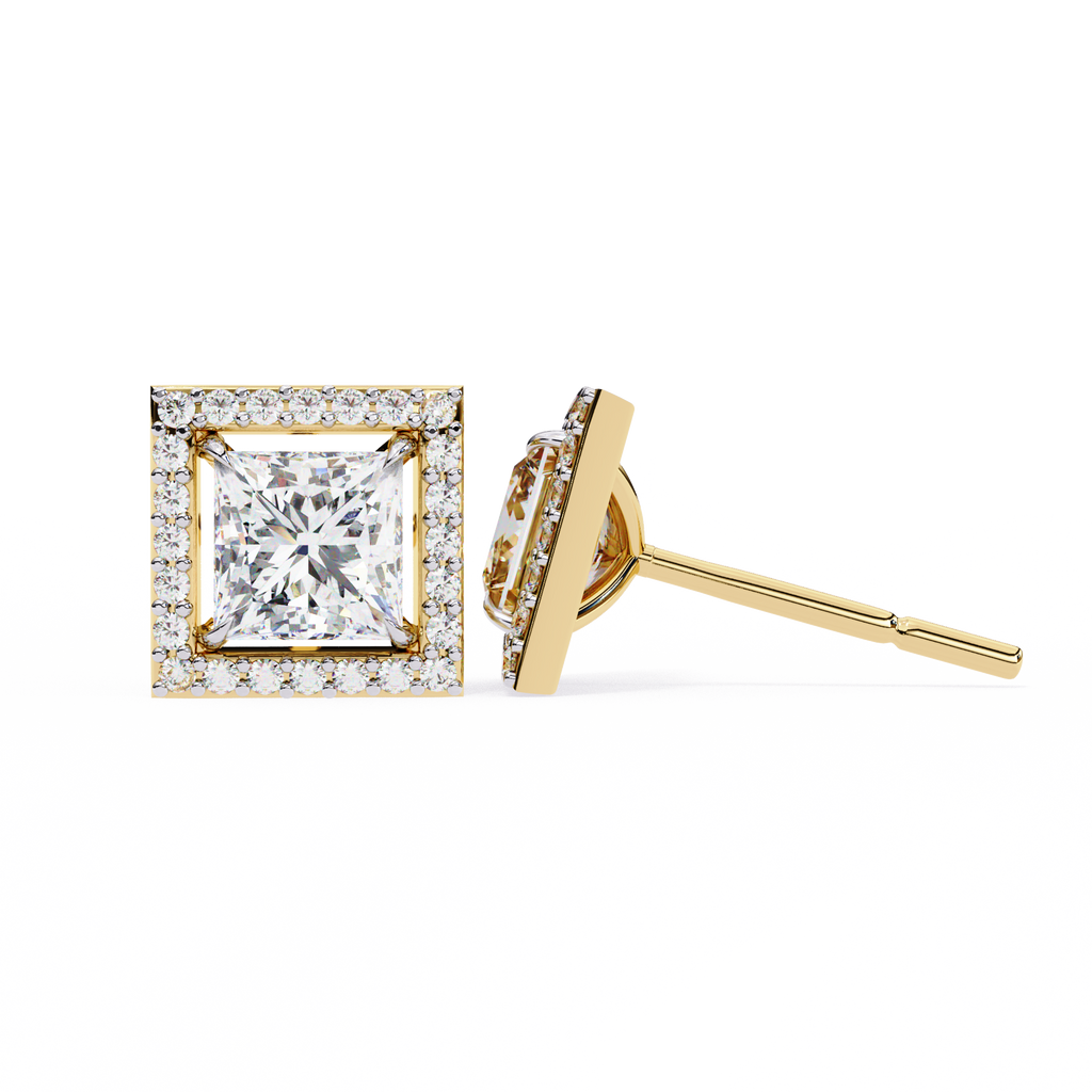 Yellow Gold Princess Cut Diamond Square Halo Stud Earring