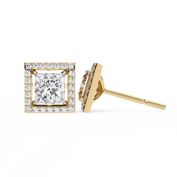 Gold Princess Cut Diamond Square Halo Stud Earring