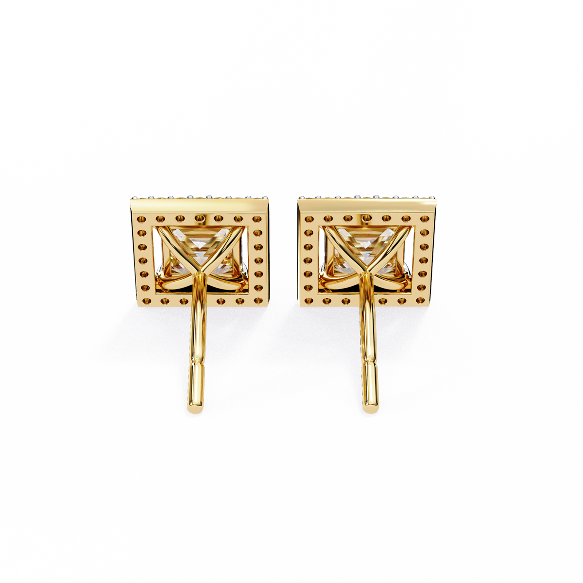 Yellow Gold Princess Cut Diamond Square Halo Stud Earring