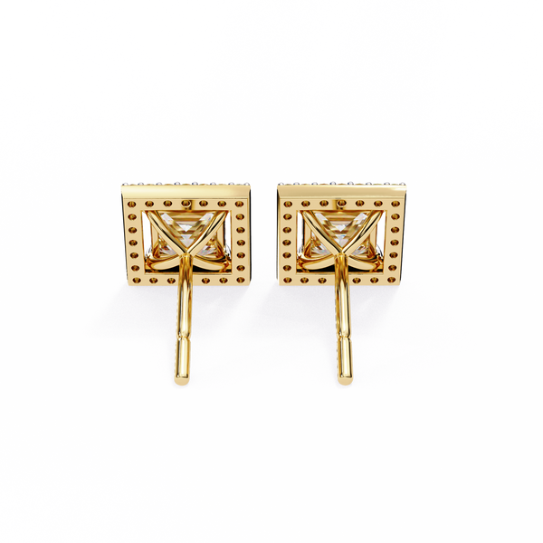 Gold Princess Cut Diamond Square Halo Stud Earring