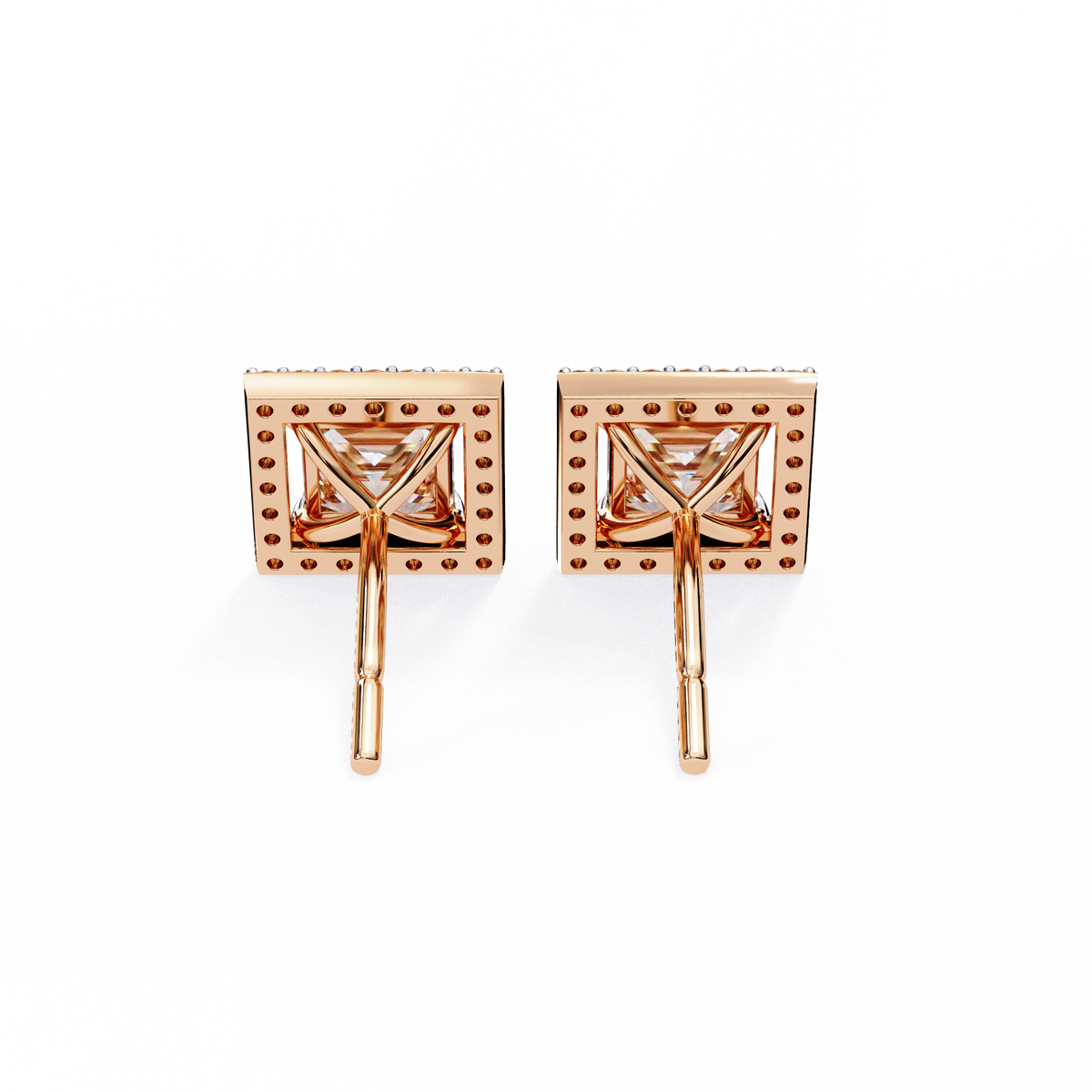 Rose Gold Princess Cut Diamond Square Halo Stud Earrings
