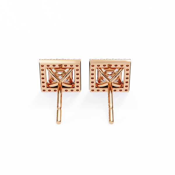Rose Gold Princess Cut Diamond Square Halo Stud Earrings