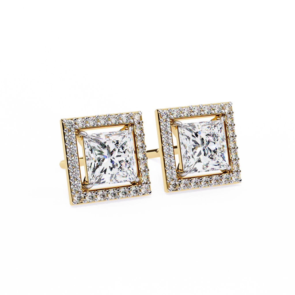 Yellow Gold Princess Cut Diamond Square Halo Stud Earring