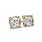Yellow Gold Princess Cut Diamond Square Halo Stud Earring