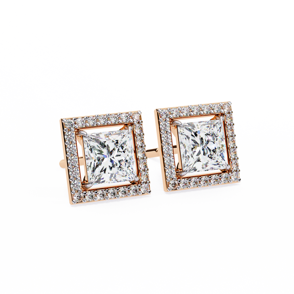 Rose Gold Princess Cut Diamond Square Halo Stud Earrings