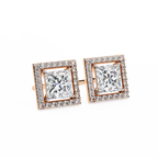 Rose Gold Princess Cut Diamond Square Halo Stud Earrings