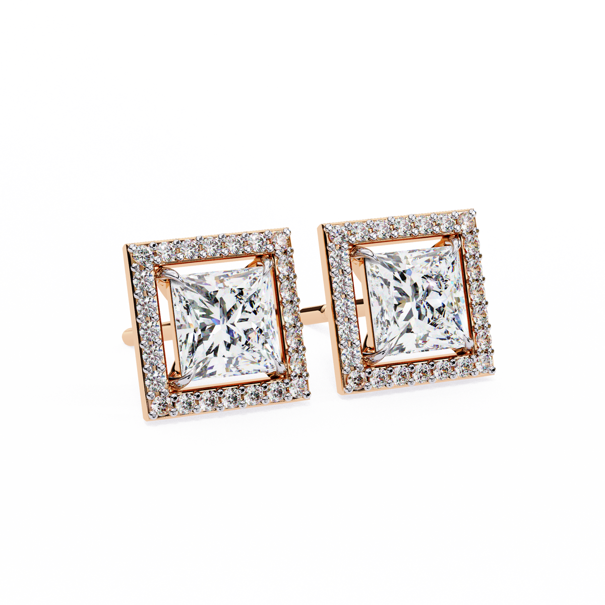 Rose Gold Princess Cut Diamond Square Halo Stud Earrings