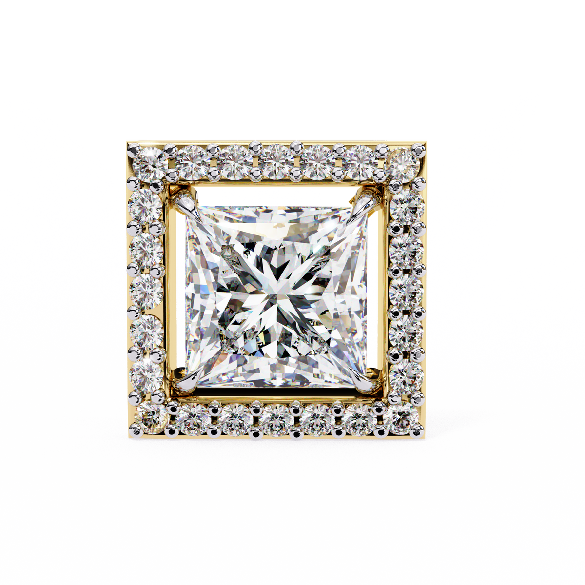 Yellow Gold Princess Cut Diamond Square Halo Stud Earring