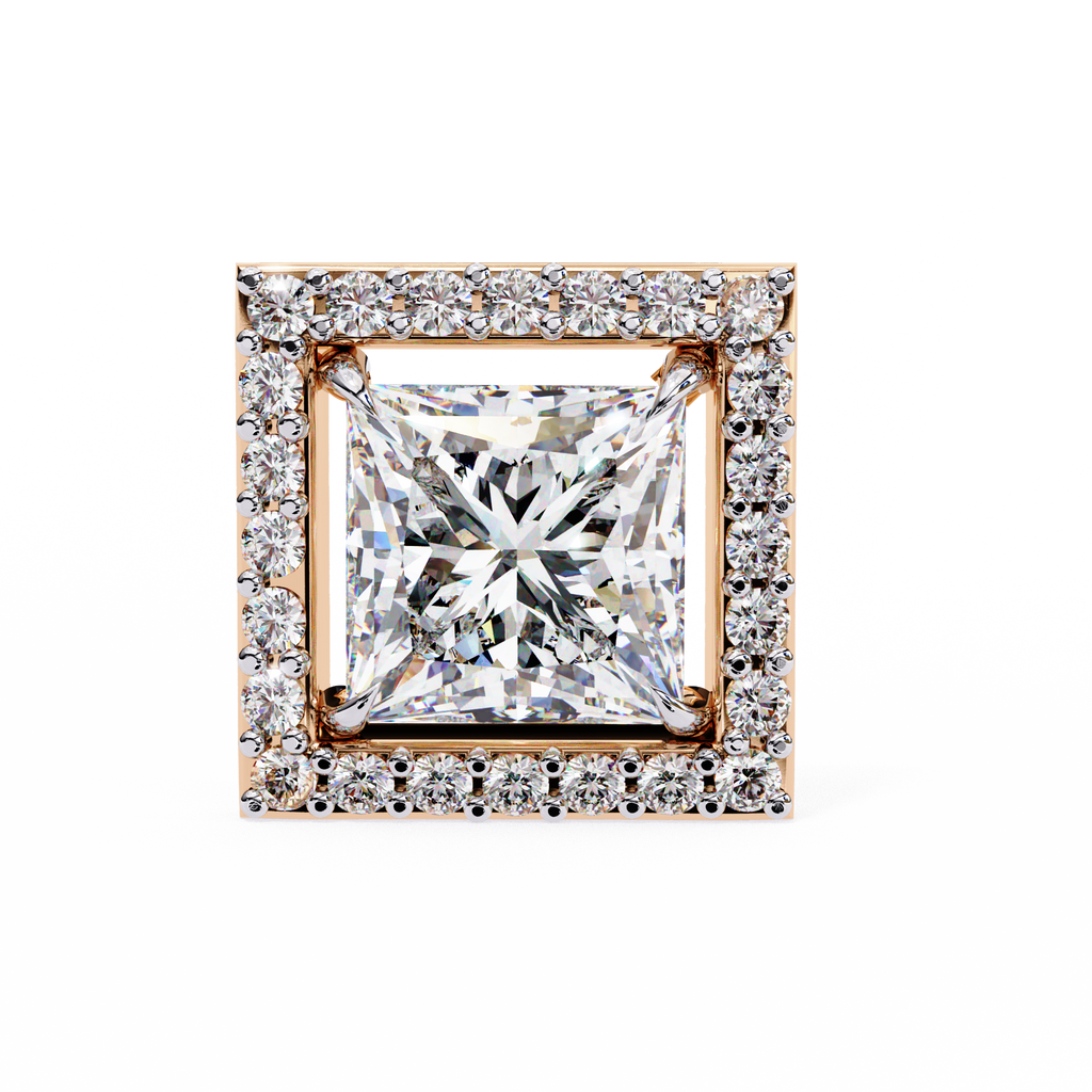 Rose Gold Princess Cut Diamond Square Halo Stud Earrings