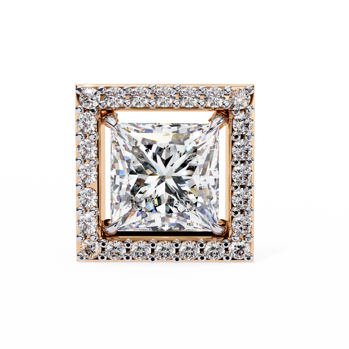 Rose Gold Princess Cut Diamond Square Halo Stud Earrings