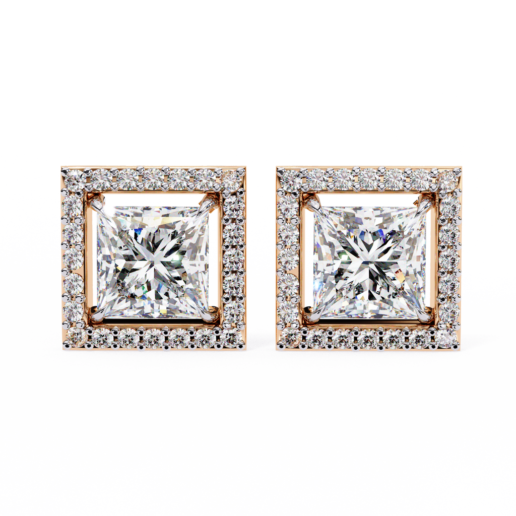 Rose Gold Princess Cut Diamond Square Halo Stud Earrings