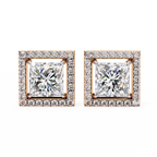 Rose Gold Princess Cut Diamond Square Halo Stud Earrings
