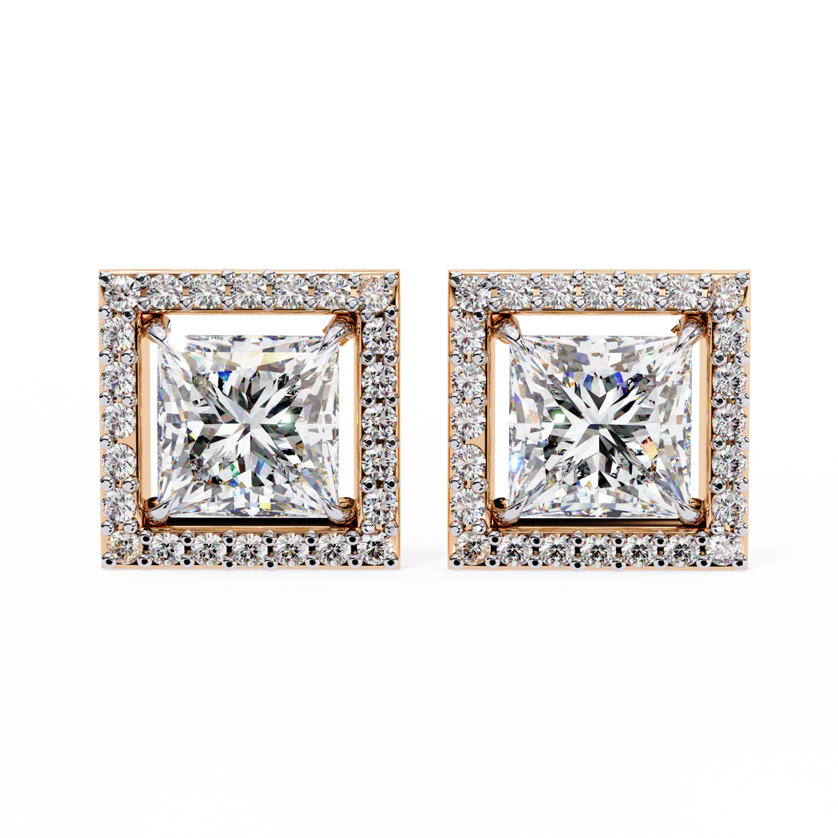 Rose Gold Princess Cut Diamond Square Halo Stud Earrings
