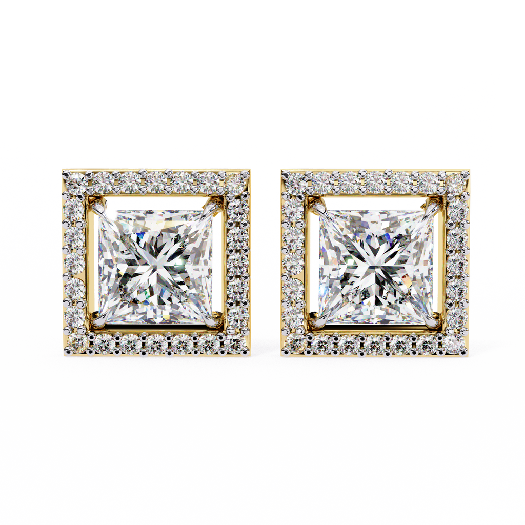 Yellow Gold Princess Cut Diamond Square Halo Stud Earring