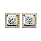 Yellow Gold Princess Cut Diamond Square Halo Stud Earring