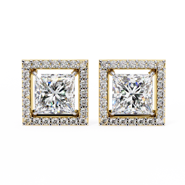 Gold Princess Cut Diamond Square Halo Stud Earring