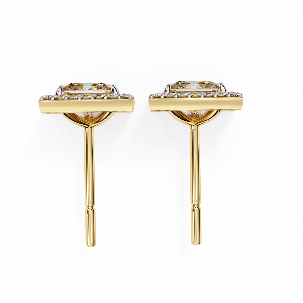 Yellow Gold Princess Cut Diamond Square Halo Stud Earring