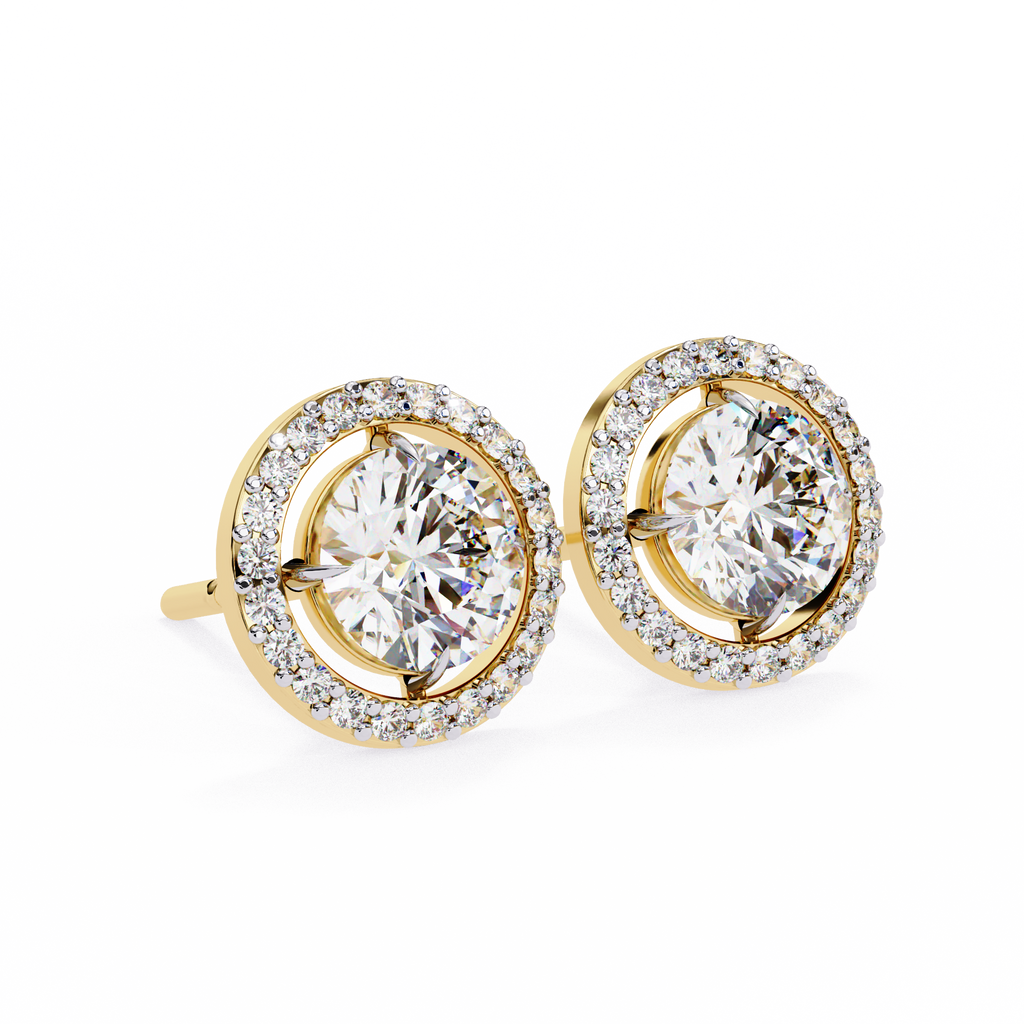 Yellow Gold Round Brilliant Diamond Floating Halo Stud Earring