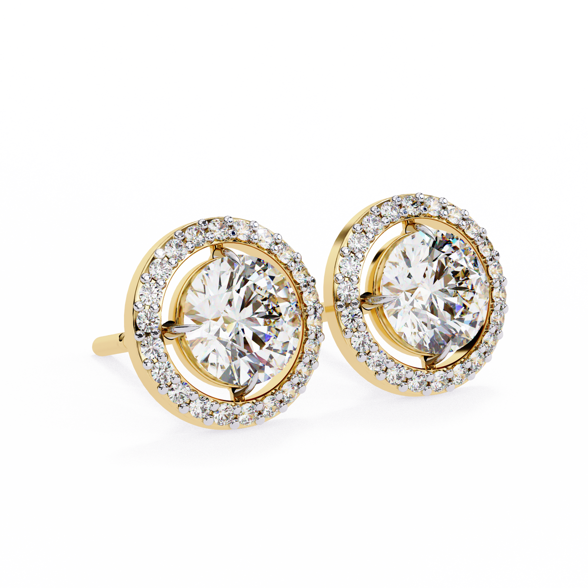 Yellow Gold Round Brilliant Diamond Floating Halo Stud Earring