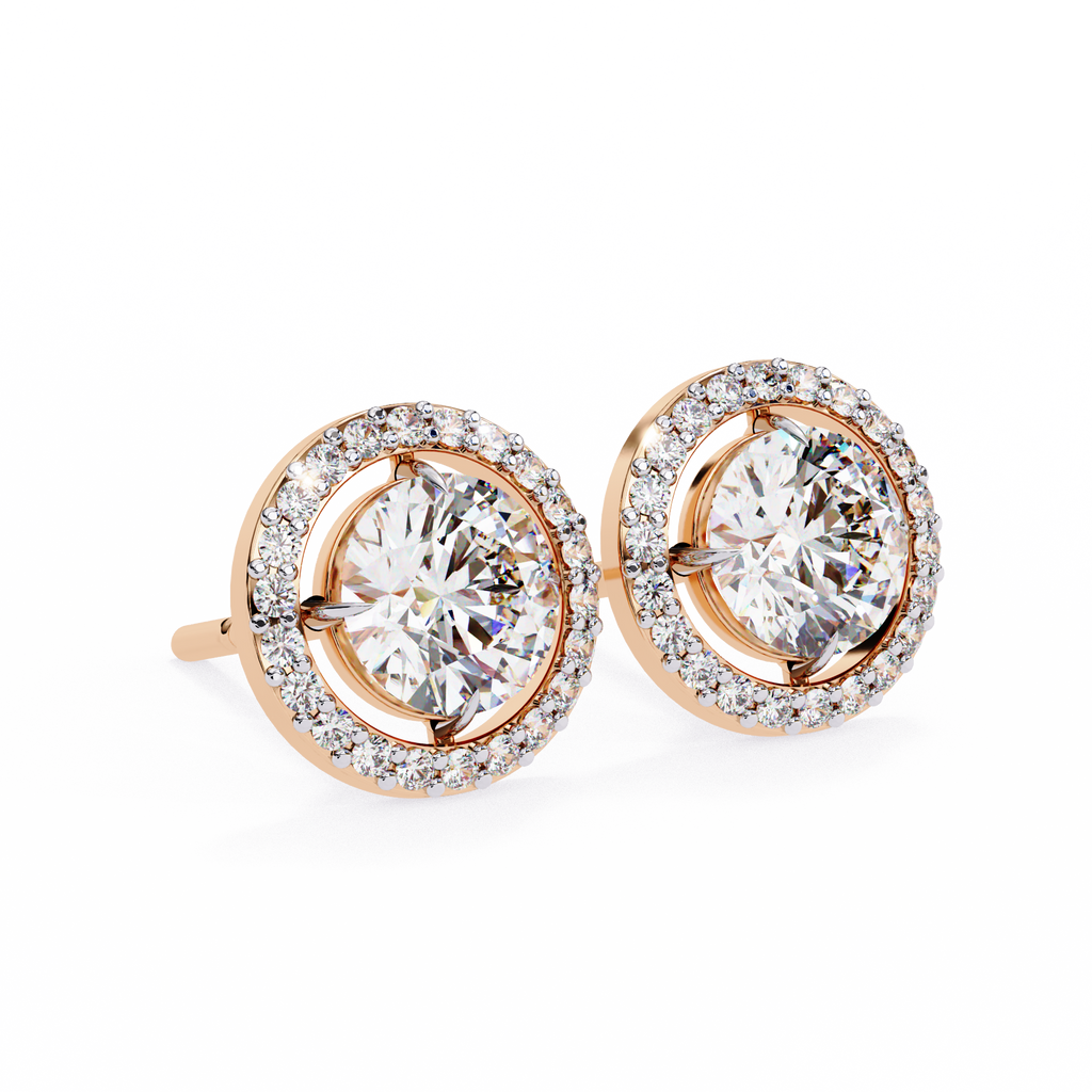 Rose Gold Round Brilliant Diamond Floating Halo Stud Earrings