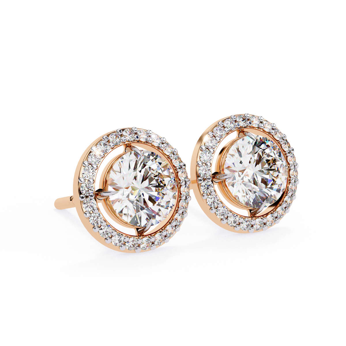 Rose Gold Round Brilliant Diamond Floating Halo Stud Earrings