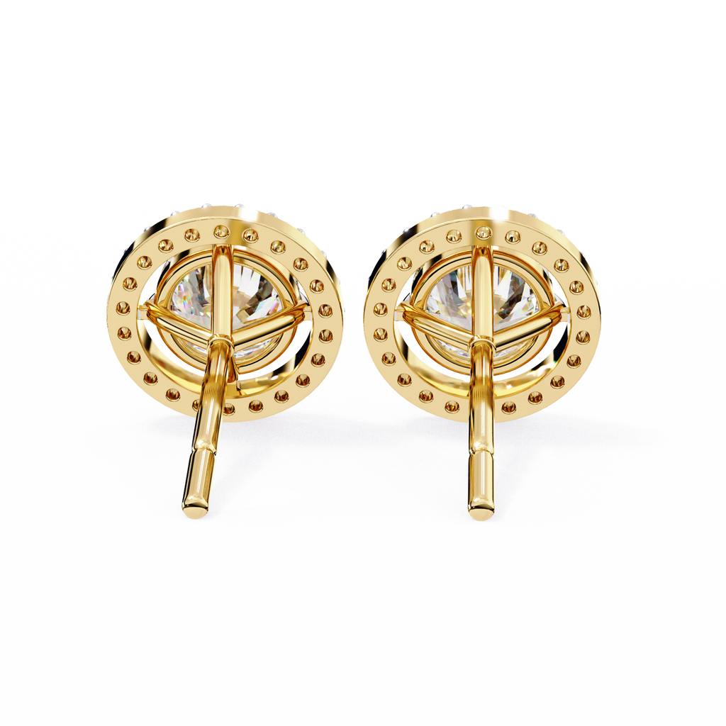 Yellow Gold Round Brilliant Diamond Floating Halo Stud Earring