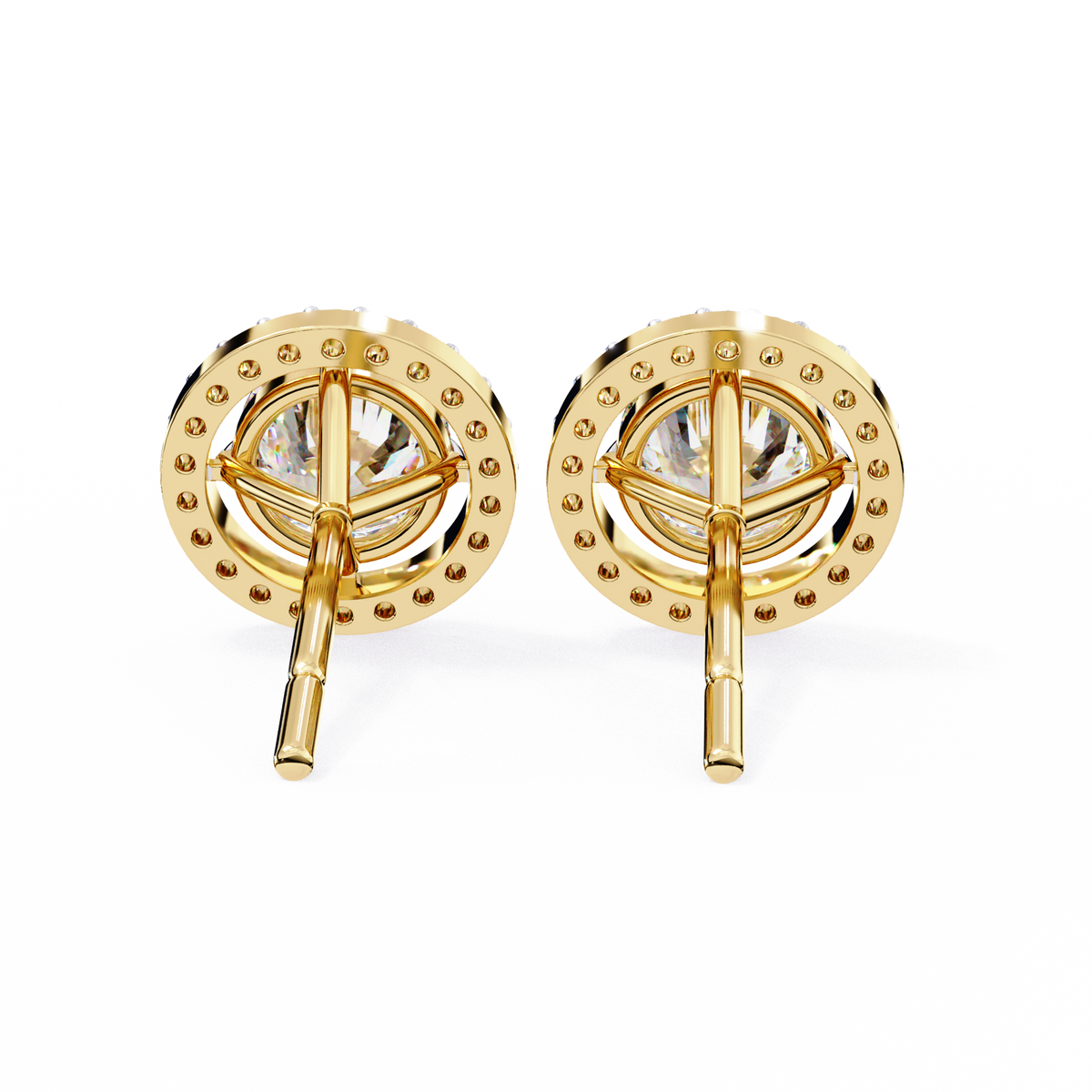 Yellow Gold Round Brilliant Diamond Floating Halo Stud Earring