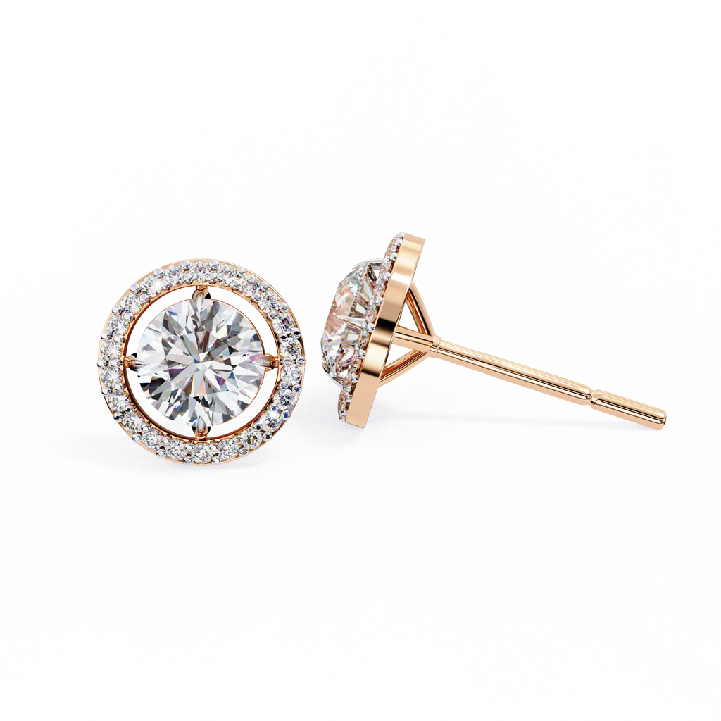Rose Gold Round Brilliant Diamond Floating Halo Stud Earrings