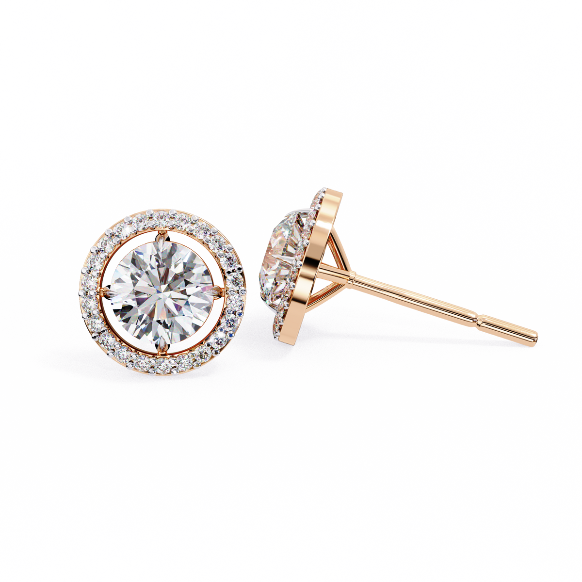 Rose Gold Round Brilliant Diamond Floating Halo Stud Earrings